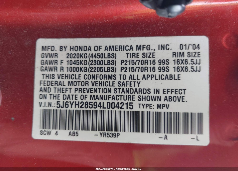 2004 HONDA ELEMENT EX VIN: 5J6YH28594L004215