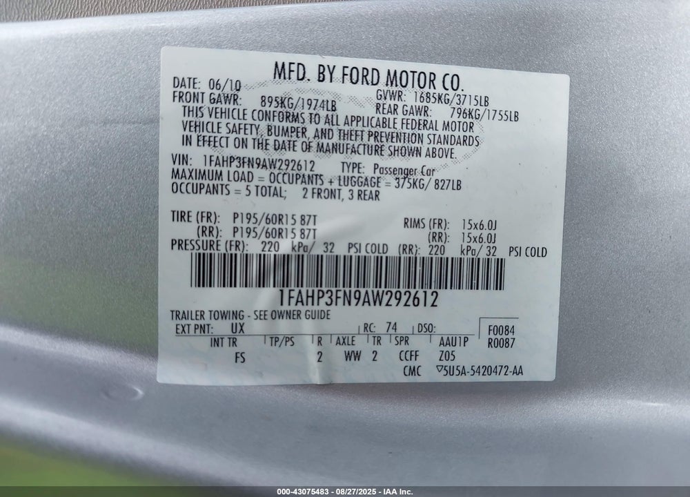 2010 FORD FOCUS VIN: 1FAHP3FN9AW292612