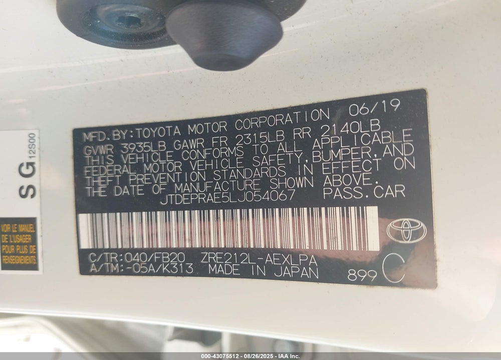 2020 TOYOTA COROLLA VIN: JTDEPRAE5LJ054067