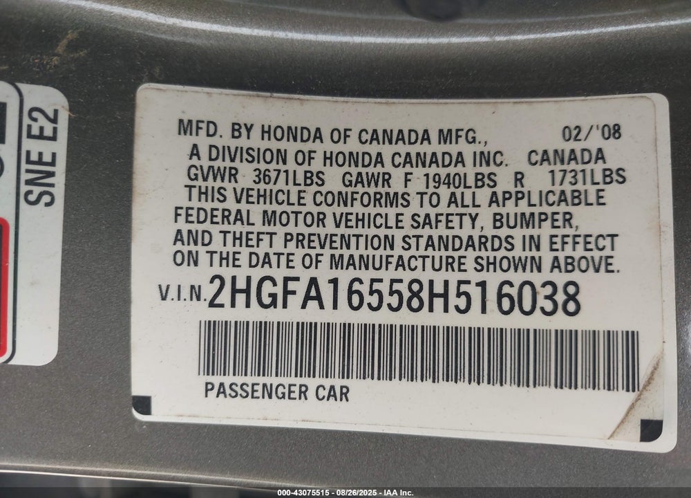 2008 HONDA CIVIC VIN: 2HGFA16558H516038