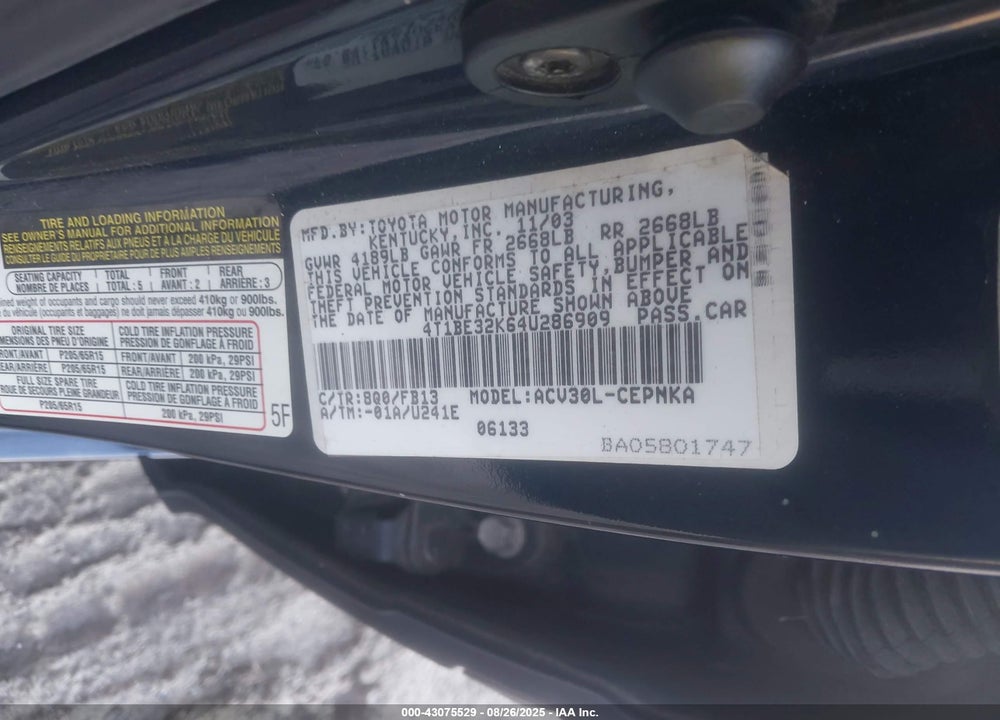 2004 TOYOTA CAMRY LE VIN: 4T1BE32K64U286909