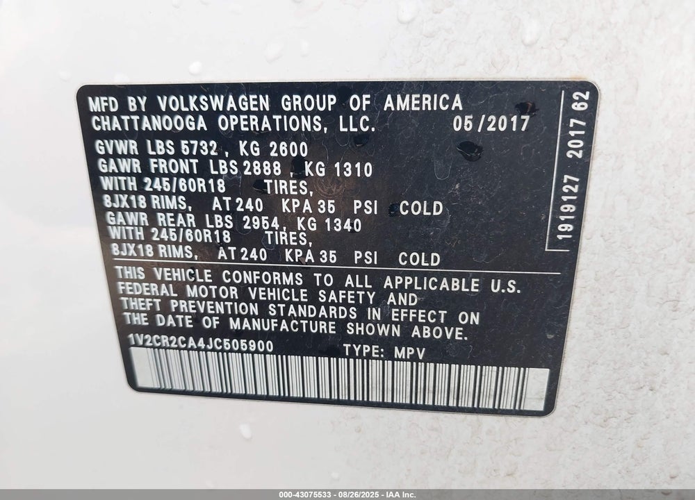 2018 VOLKSWAGEN ATLAS VIN: 1V2CR2CA4JC505900