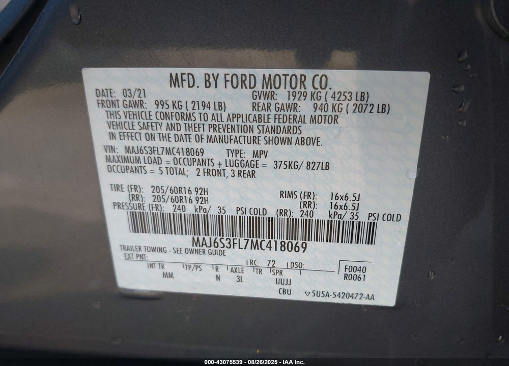 2021 FORD ECOSPORT VIN: MAJ6S3FL7MC418069