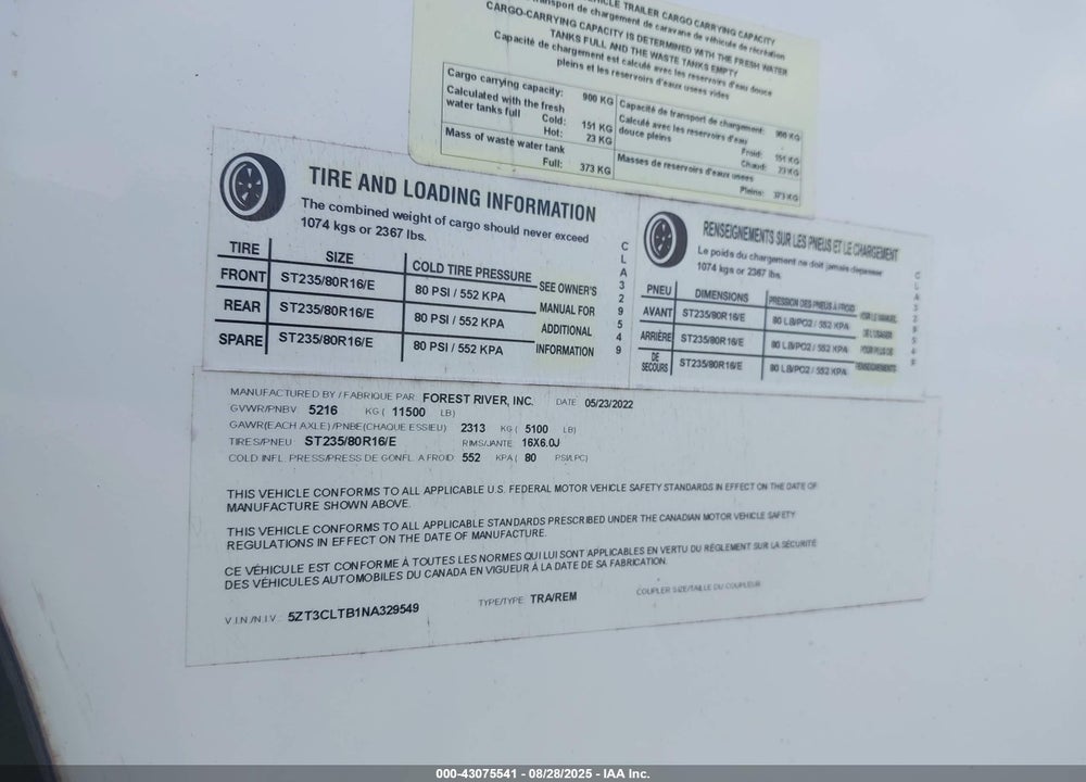 2022 COACHMEN OTHER VIN: 5ZT3CLTB1NA329549