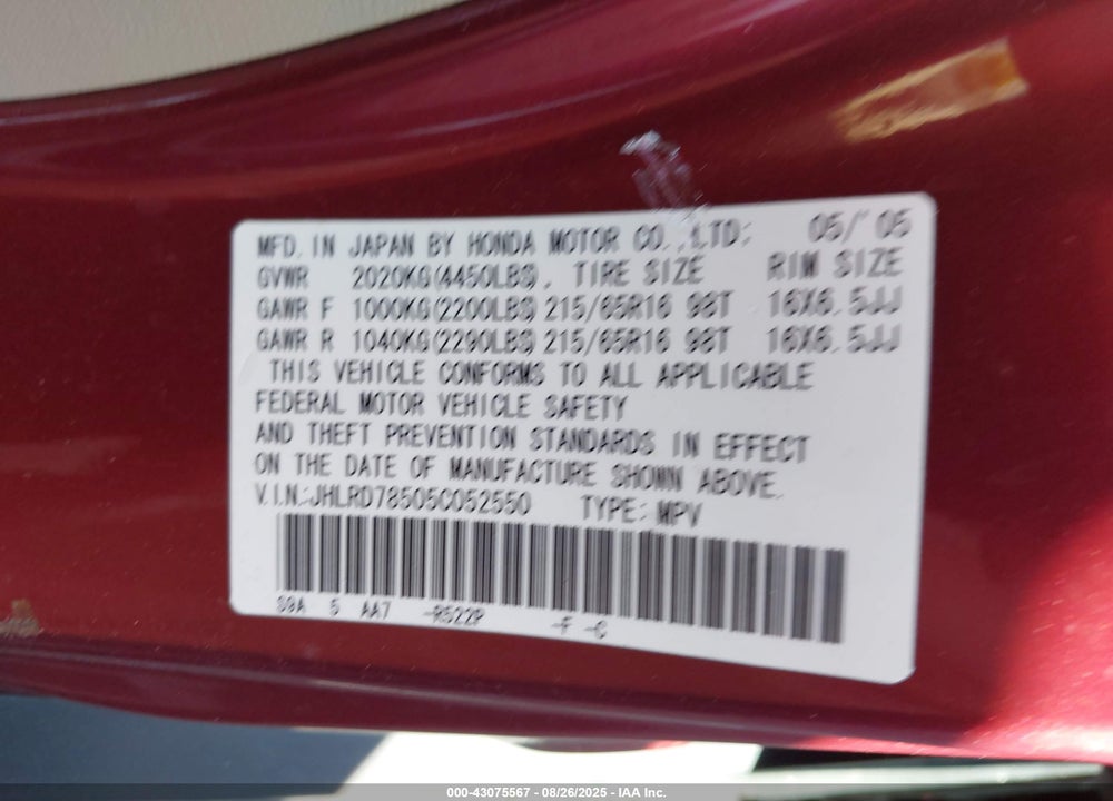 2005 HONDA CR-V LX VIN: JHLRD78505C052550