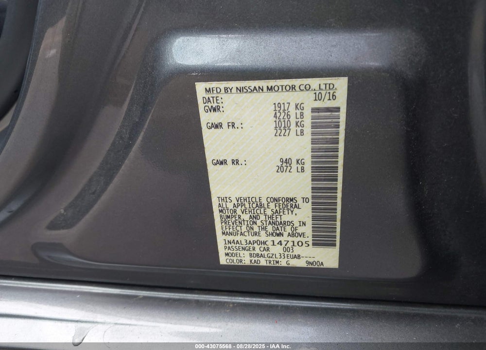 2017 NISSAN ALTIMA VIN: 1N4AL3AP0HC147105