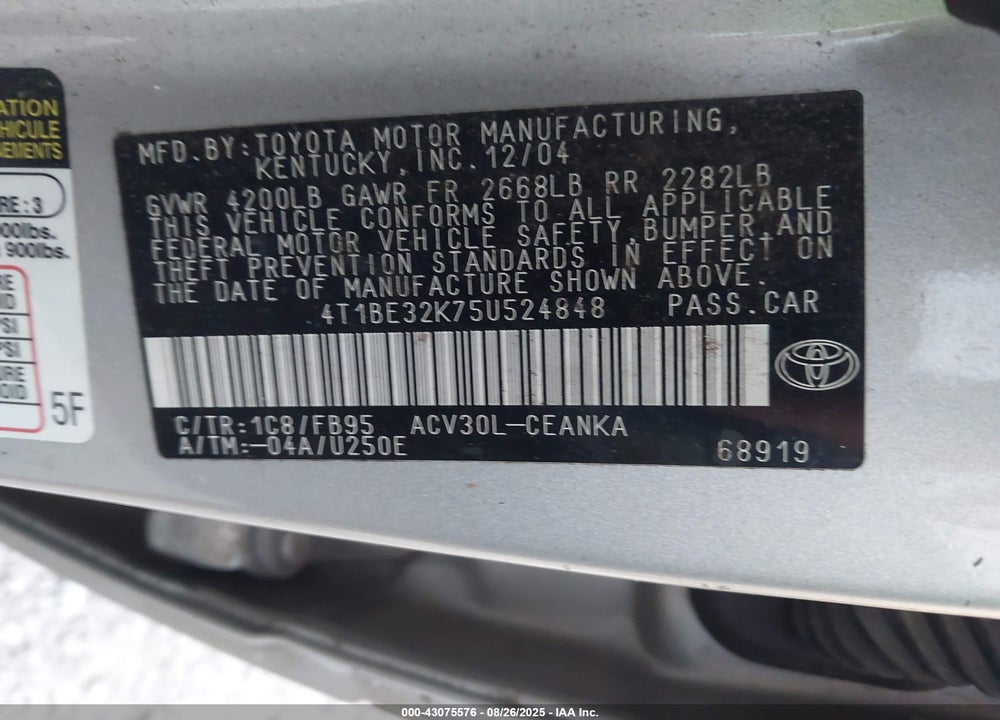 2005 TOYOTA CAMRY LE/XLE/SE VIN: 4T1BE32K75U524848