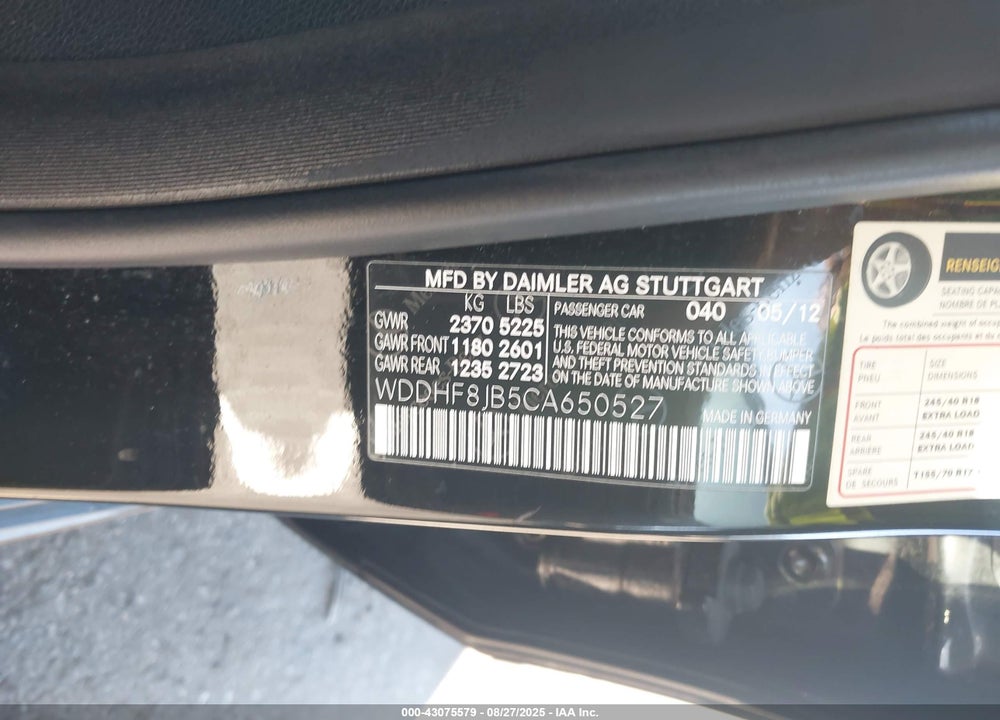 2012 MERCEDES-BENZ E-CLASS VIN: WDDHF8JB5CA650527