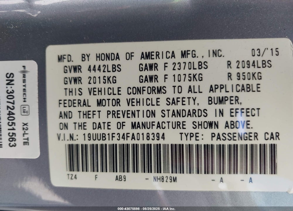 2015 ACURA TLX VIN: 19UUB1F34FA018394