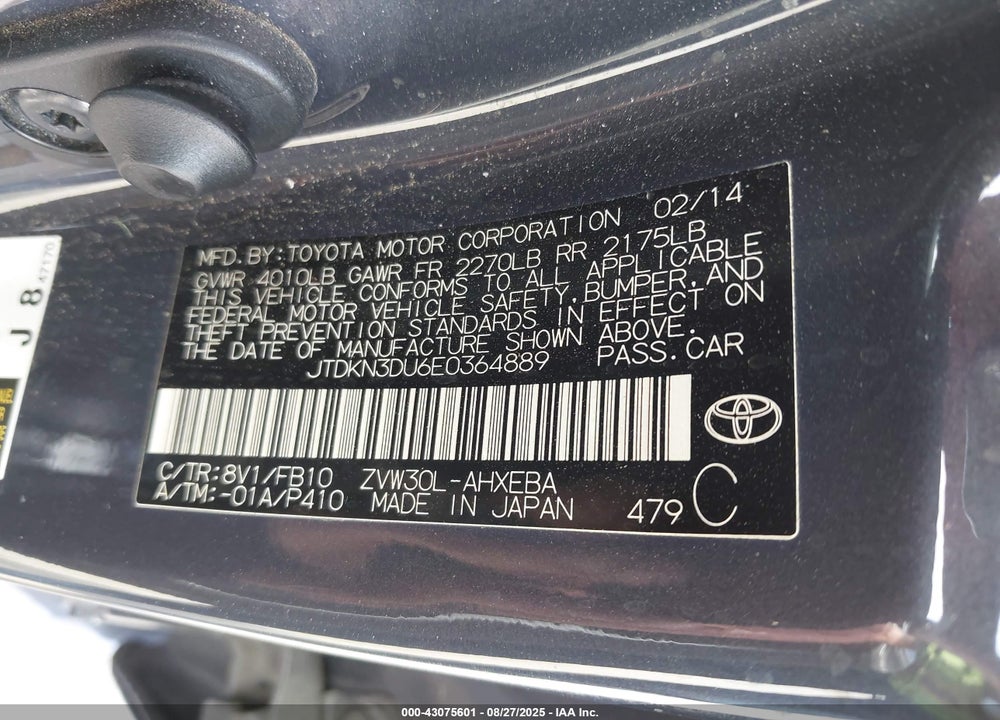 2014 TOYOTA PRIUS VIN: JTDKN3DU6E0364889