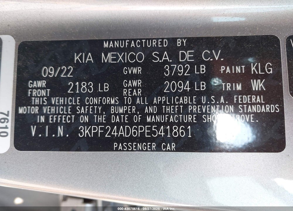 2023 KIA FORTE VIN: 3KPF24AD6PE541861
