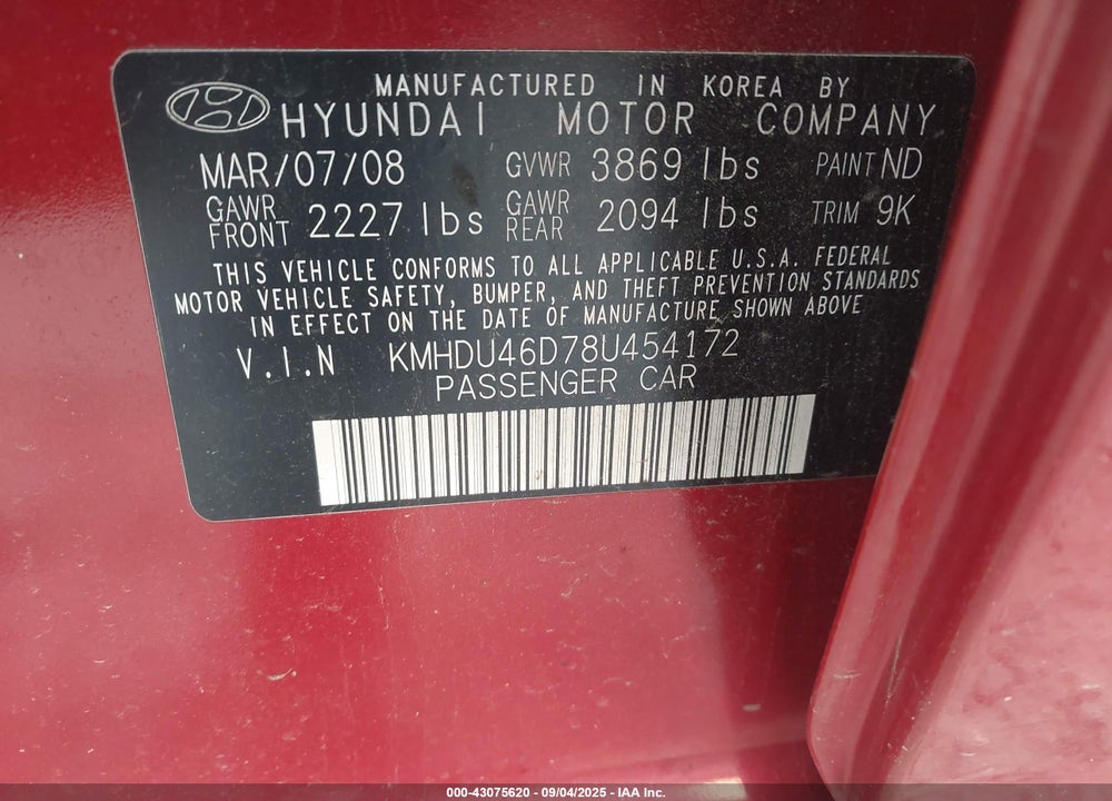 2008 HYUNDAI ELANTRA GLS/SE VIN: KMHDU46D78U454172