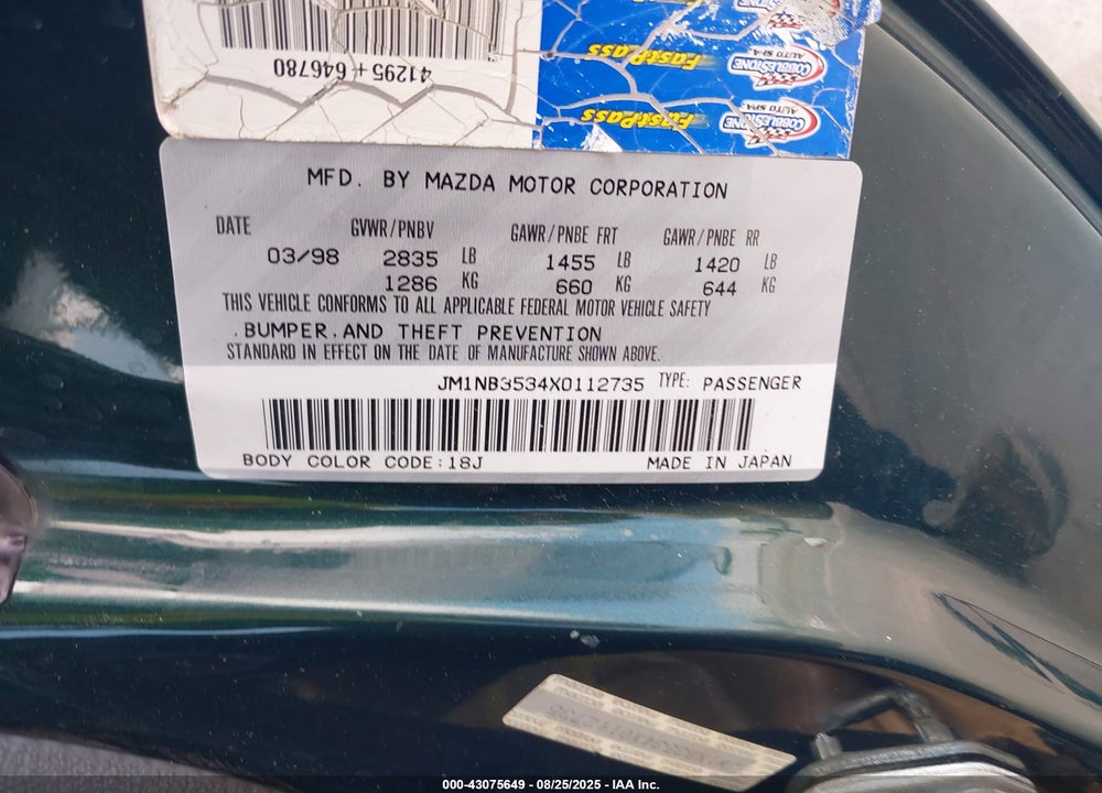 1999 MAZDA MX-5 MIATA VIN: JM1NB3534X0112735