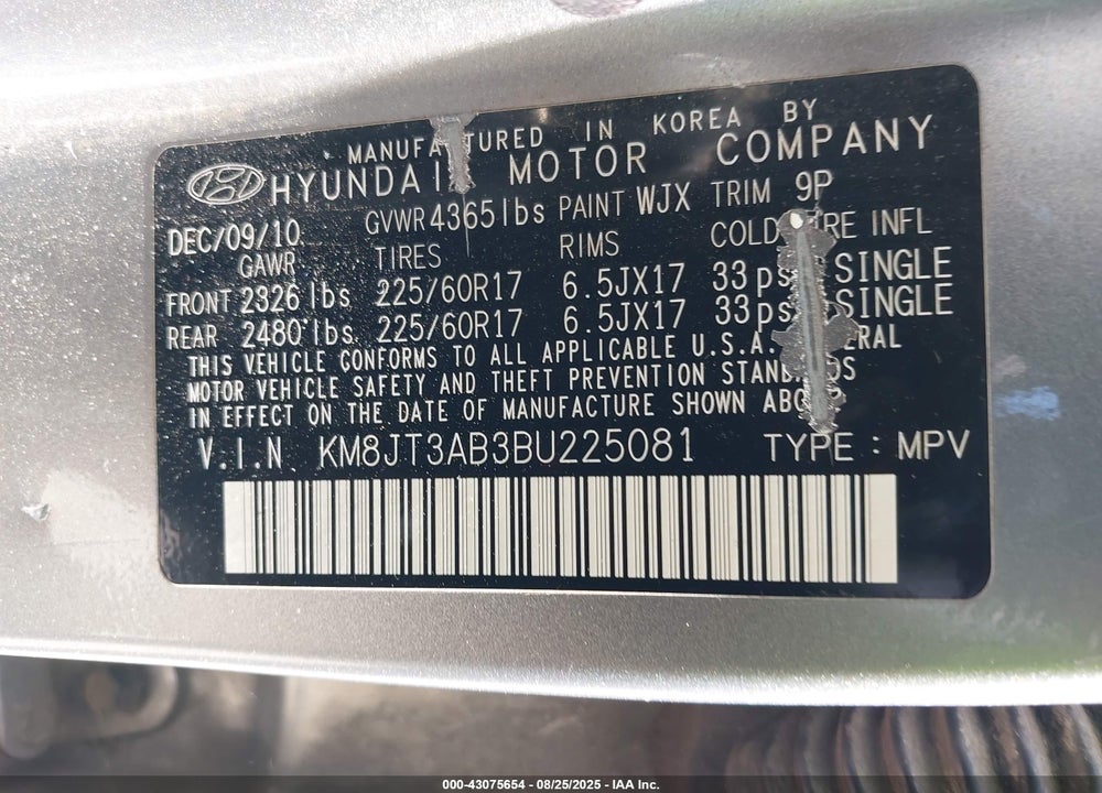 2011 HYUNDAI TUCSON GL VIN: KM8JT3AB3BU225081