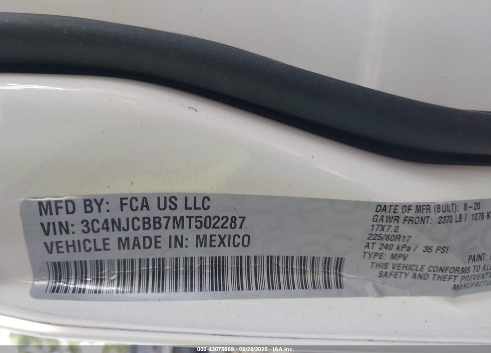 2021 JEEP COMPASS VIN: 3C4NJCBB7MT502287