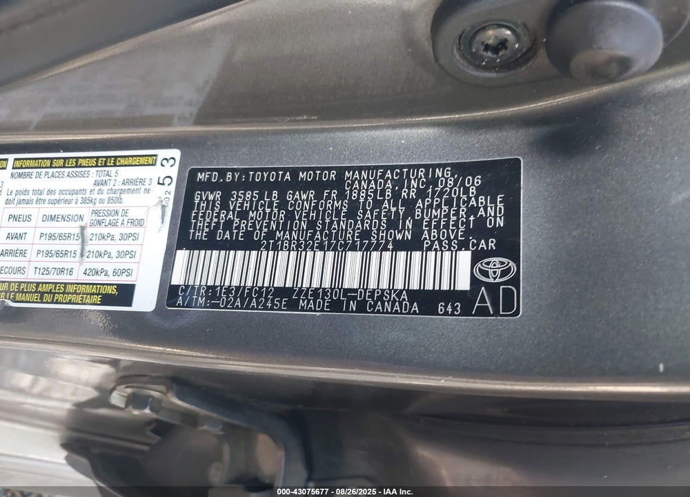 2007 TOYOTA COROLLA S VIN: 2T1BR32E17C717774