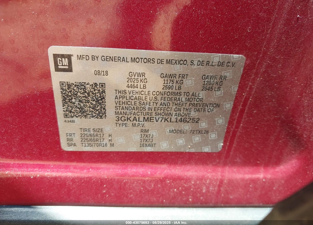 2019 GMC TERRAIN SLE VIN: 3GKALMEV7KL146252