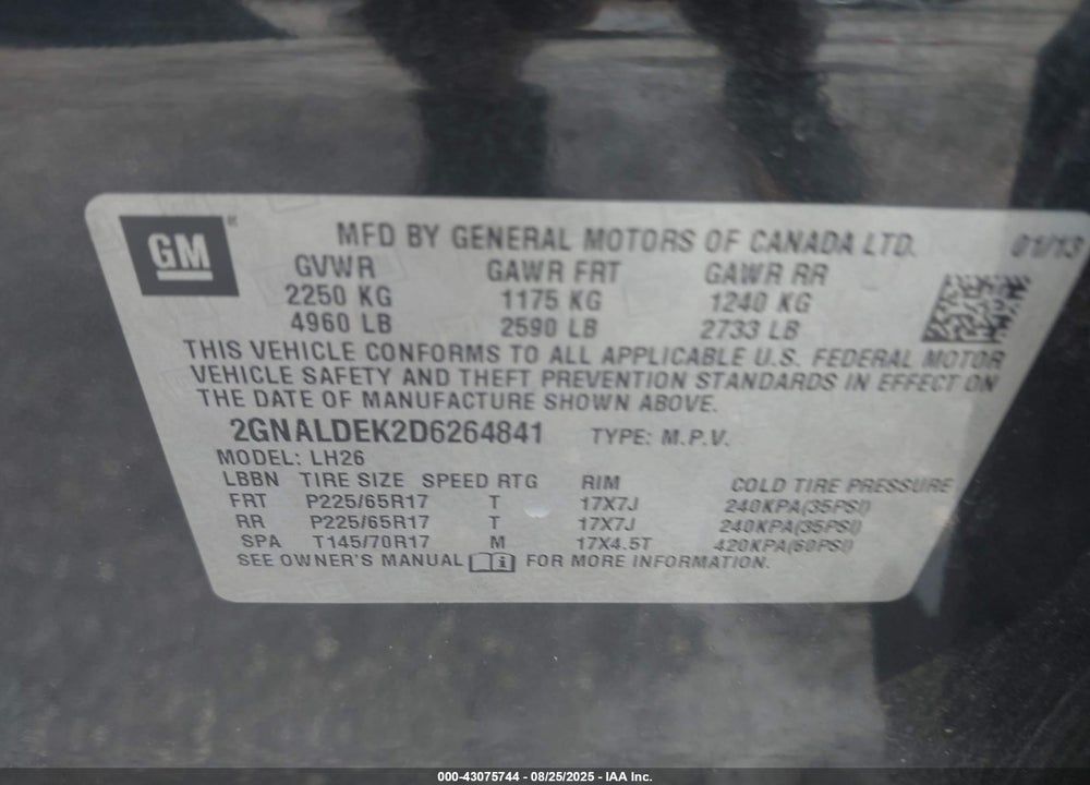 2013 CHEVROLET EQUINOX VIN: 2GNALDEK2D6264841