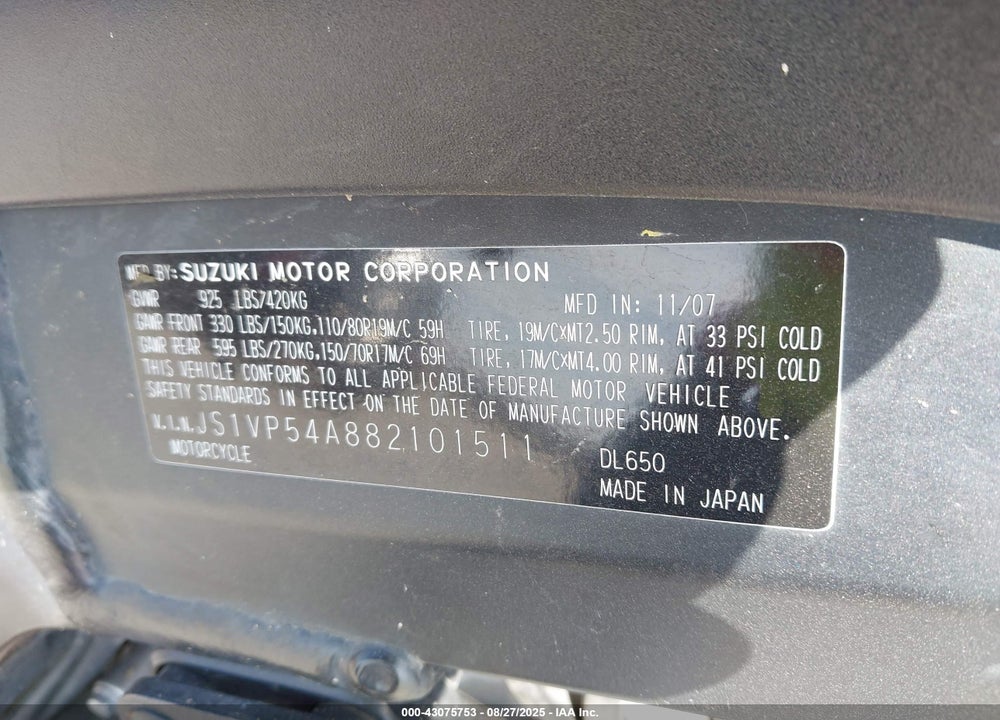 2008 SUZUKI DL650 VIN: JS1VP54A882101511
