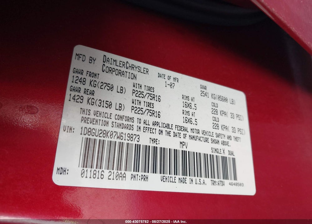 2007 DODGE NITRO SXT VIN: 1D8GU28K07W619873