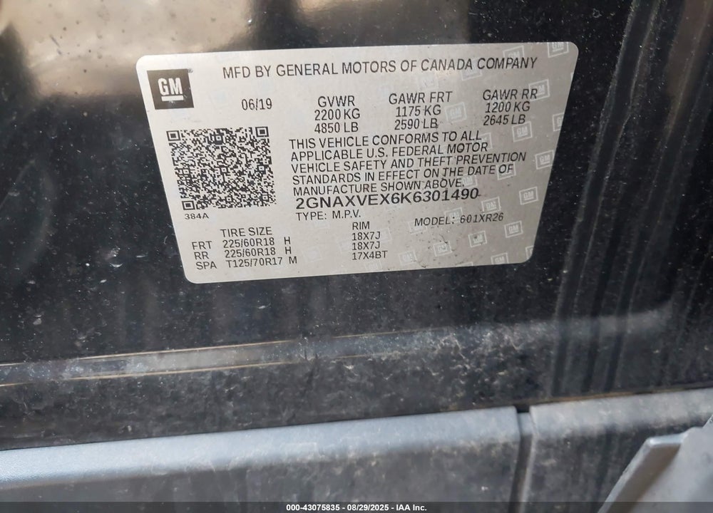 2019 CHEVROLET EQUINOX VIN: 2GNAXVEX6K6301490