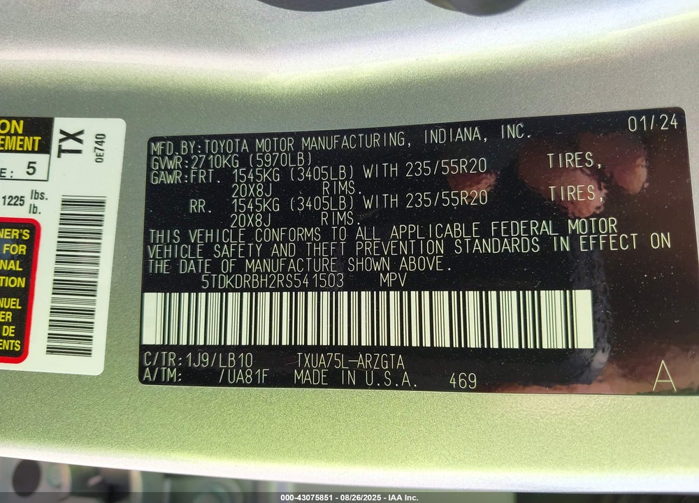2024 TOYOTA HIGHLANDER VIN: 5TDKDRBH2RS541503