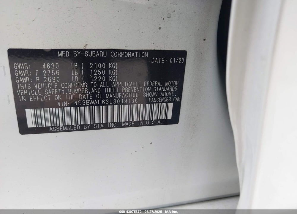 2020 SUBARU LEGACY VIN: 4S3BWAF63L3019136