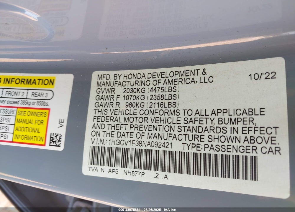 2022 HONDA ACCORD SPORT VIN: 1HGCV1F38NA092421
