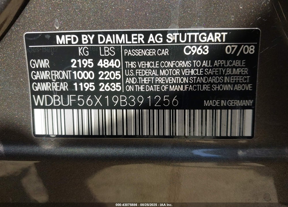 2009 MERCEDES-BENZ E-CLASS VIN: WDBUF56X19B391256
