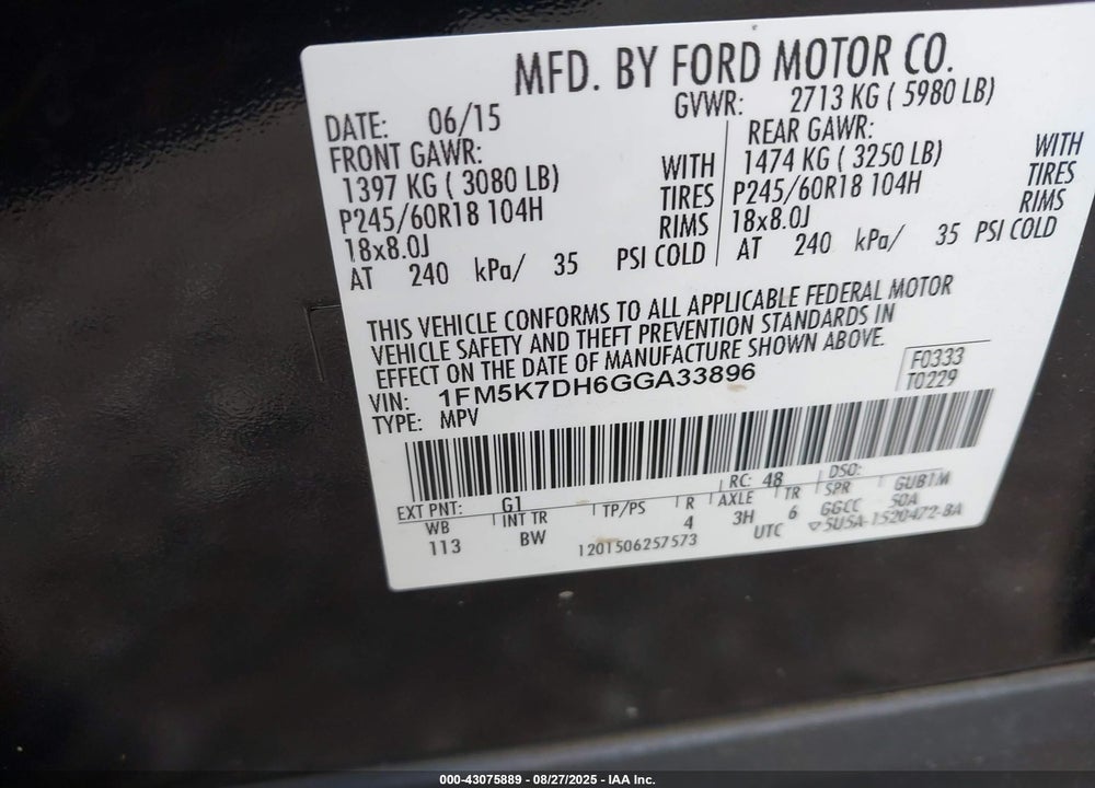 2016 FORD EXPLORER VIN: 1FM5K7DH6GGA33896