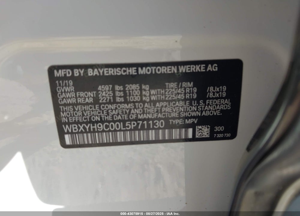2020 BMW X2 VIN: WBXYH9C00L5P71130