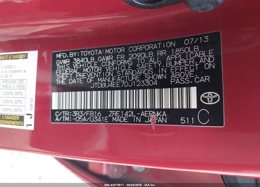 2013 TOYOTA COROLLA VIN: JTDBU4EE7DJ123304