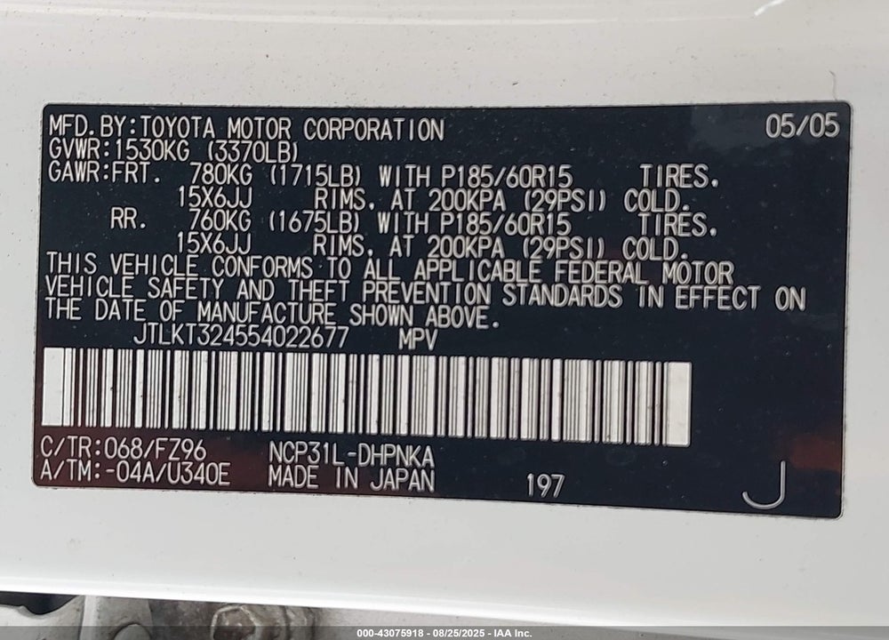 2005 SCION XB VIN: JTLKT324554022677