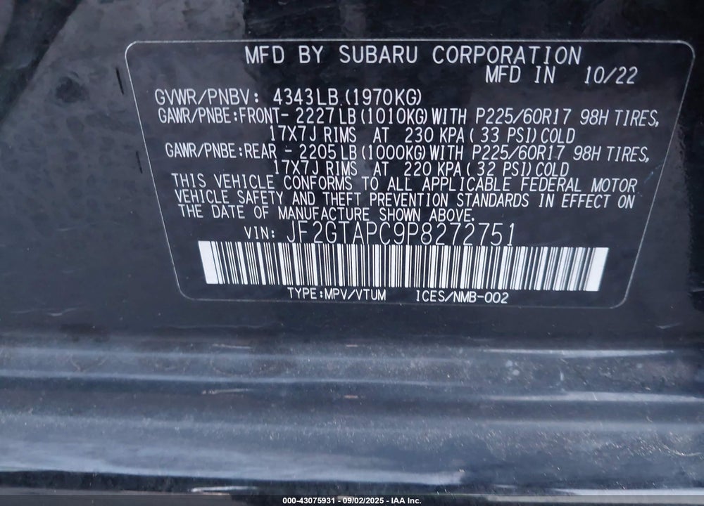 2023 SUBARU CROSSTREK PREMIUM VIN: JF2GTAPC9P8272751