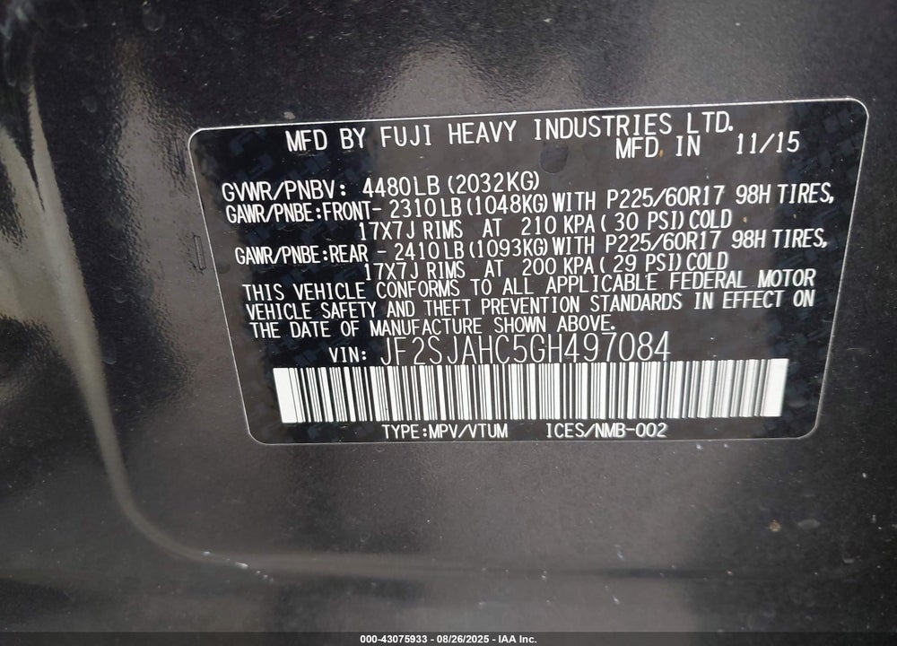 2016 SUBARU FORESTER VIN: JF2SJAHC5GH497084