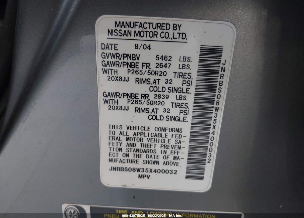 2005 INFINITI FX45 VIN: JNRBS08W35X400032