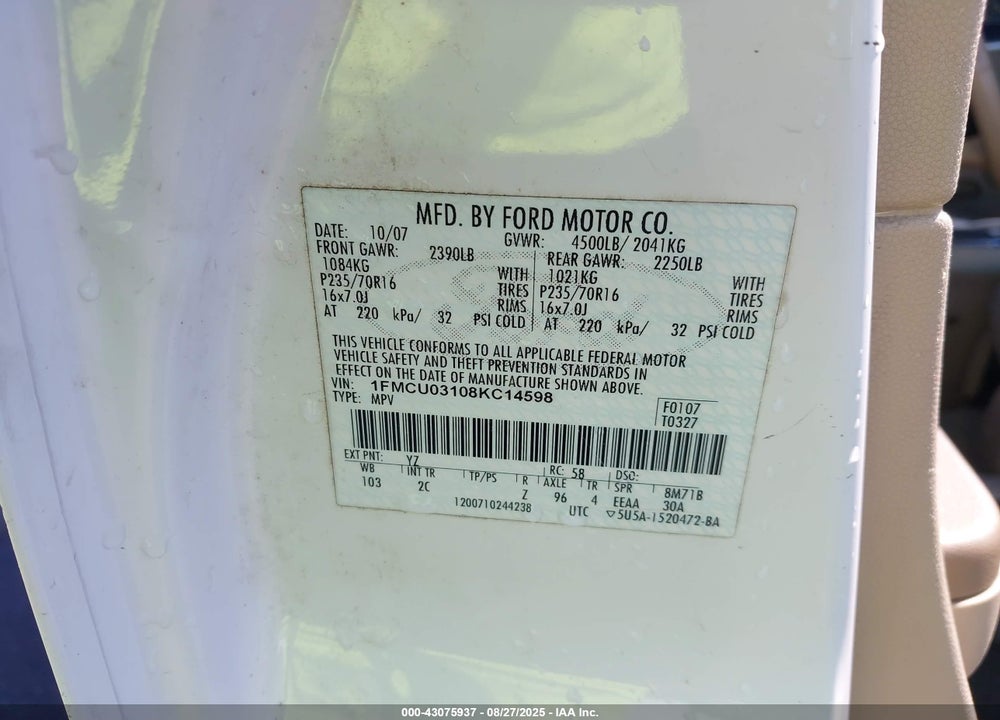 2008 FORD ESCAPE XLT VIN: 1FMCU03108KC14598
