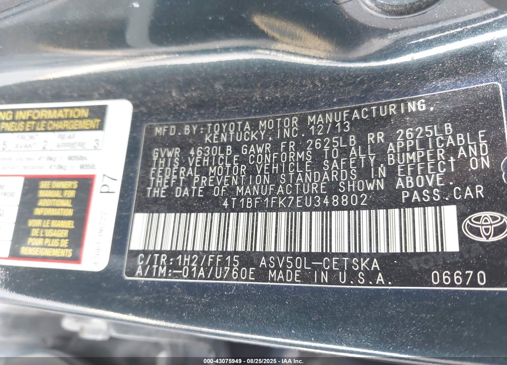 2014 TOYOTA CAMRY SE VIN: 4T1BF1FK7EU348802