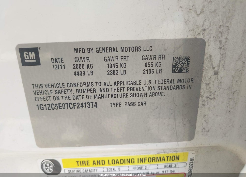2012 CHEVROLET MALIBU VIN: 1G1ZC5E07CF241374