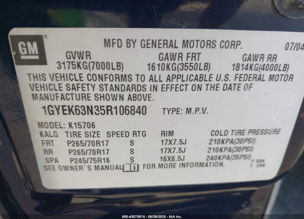 2005 CADILLAC ESCALADE STANDARD VIN: 1GYEK63N35R106840