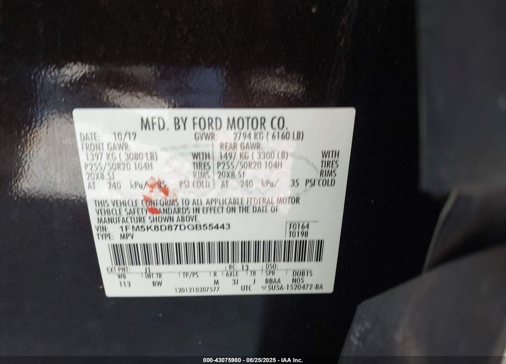 2013 FORD EXPLORER XLT VIN: 1FM5K8D87DGB55443