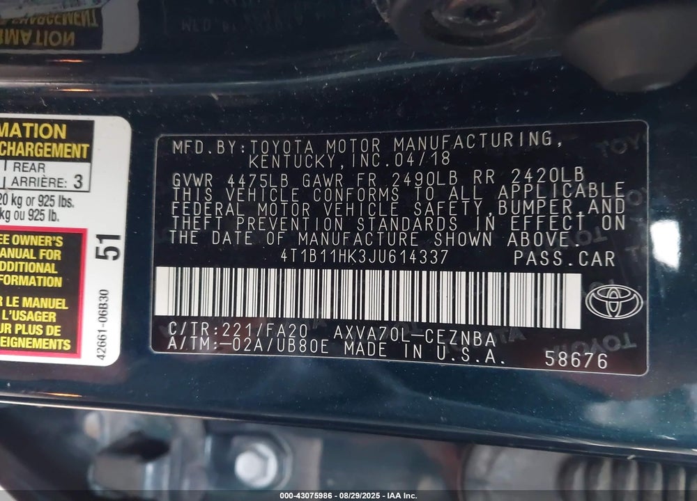 2018 TOYOTA CAMRY VIN: 4T1B11HK3JU614337