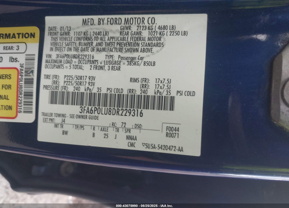 2013 FORD FUSION VIN: 3FA6P0LU8DR229316