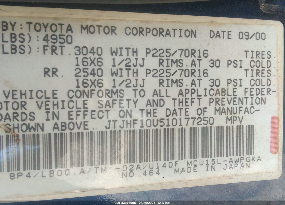 2001 LEXUS RX 300 VIN: JTJHF10U510177250