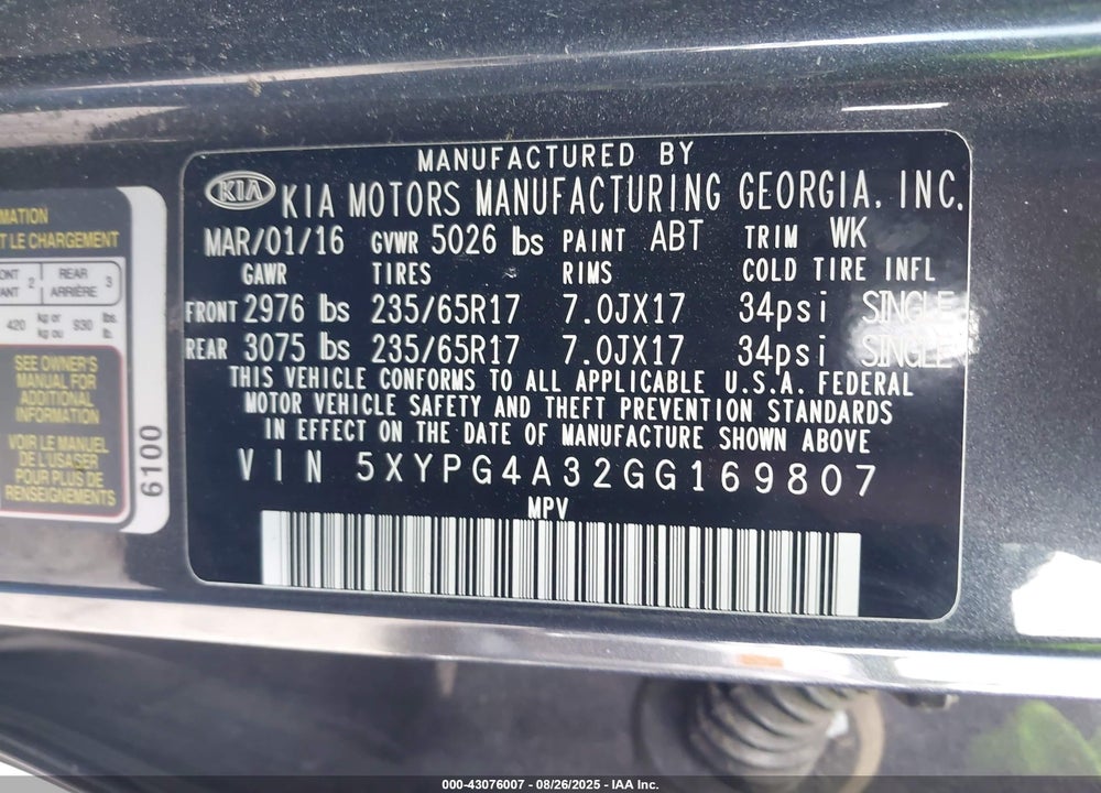 2016 KIA SORENTO VIN: 5XYPG4A32GG169807