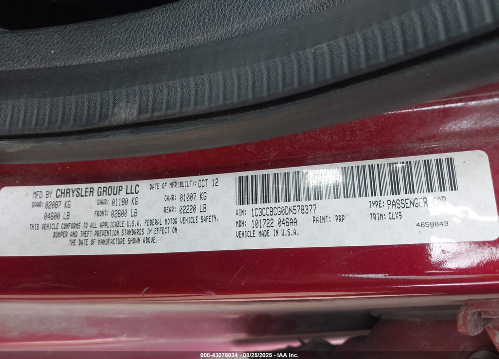 2013 CHRYSLER 200 VIN: 1C3CCBCG0DN578377