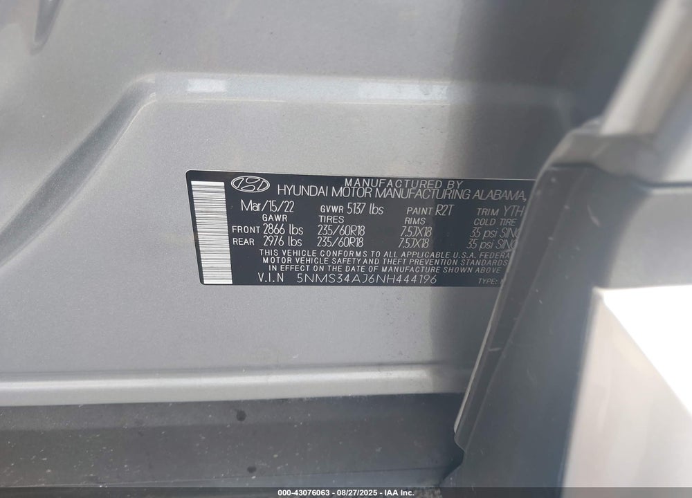 2022 HYUNDAI SANTA FE VIN: 5NMS34AJ6NH444196