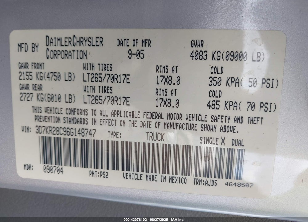 2006 DODGE RAM 2500 SLT/SPORT VIN: 3D7KR28C96G148747