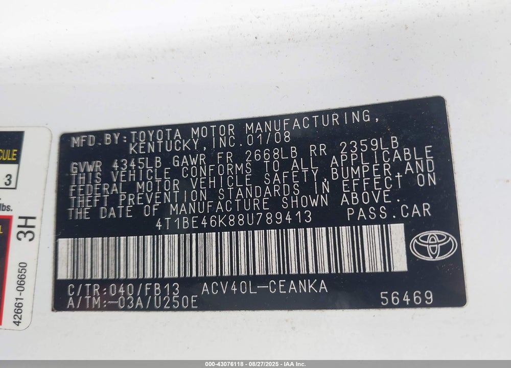 2008 TOYOTA CAMRY VIN: 4T1BE46K88U789413