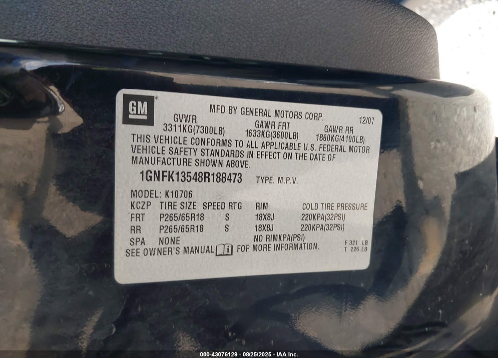 2008 CHEVROLET TAHOE HYBRID VIN: 1GNFK13548R188473